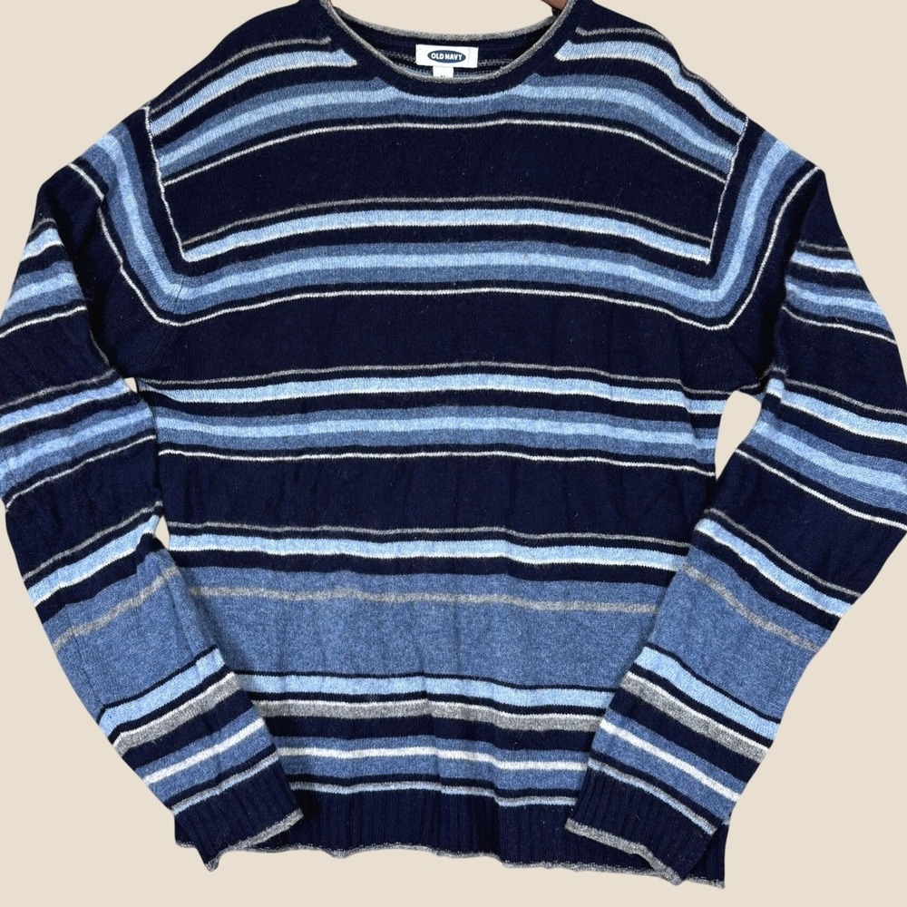 Old Navy Sweater Men XL  Striped 100% Lambswool Crewneck Pullover Knit Long Arms